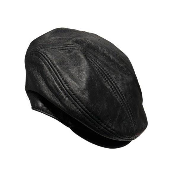 Men's Black Leather Flat Snap Cap Newsboy Hat L XL - Picture 4 of 8